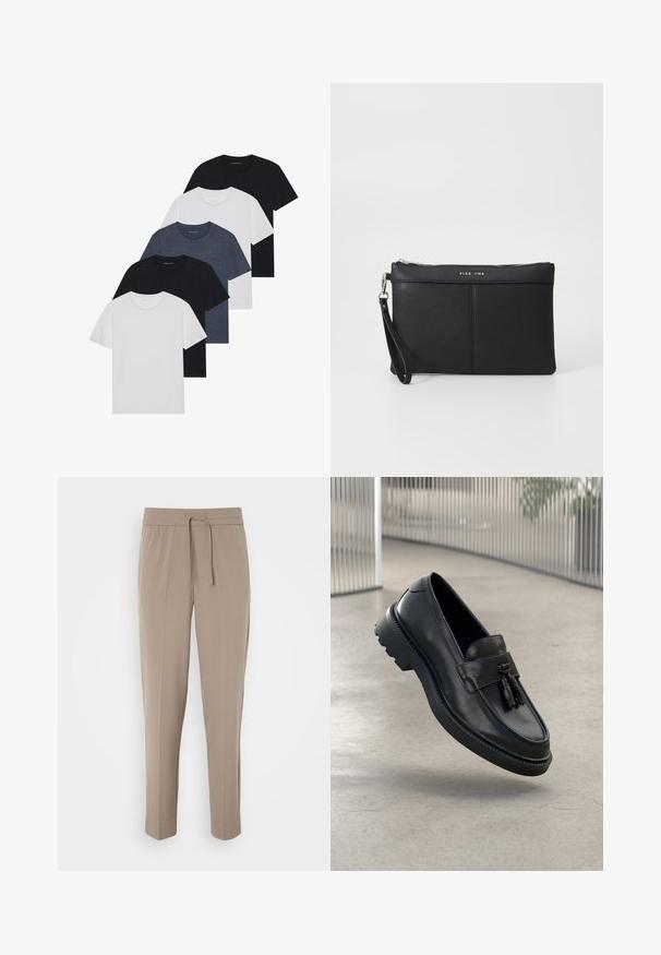 Set di cinque t-shirt in nero, bianco e blu navy. Tessuto di cotone, maniche corte, design a collo rotondo e texture semplice senza motivi.; Pantaloni beige chiaro con cintura elastica, cordoncino regolabile e gamba affusolata. Il tessuto appare liscio con una lieve lucentezza.; Mocassini in pelle nera con finitura liscia, nappe decorative, suola spessa in gomma e dettagli cuciti. Design leggero ed elegante.; Clutch sintetico nero con chiusura a zip, cinturino da polso e una texture liscia. Presenta cuciture sottili e un logo impresso sul davanti.
