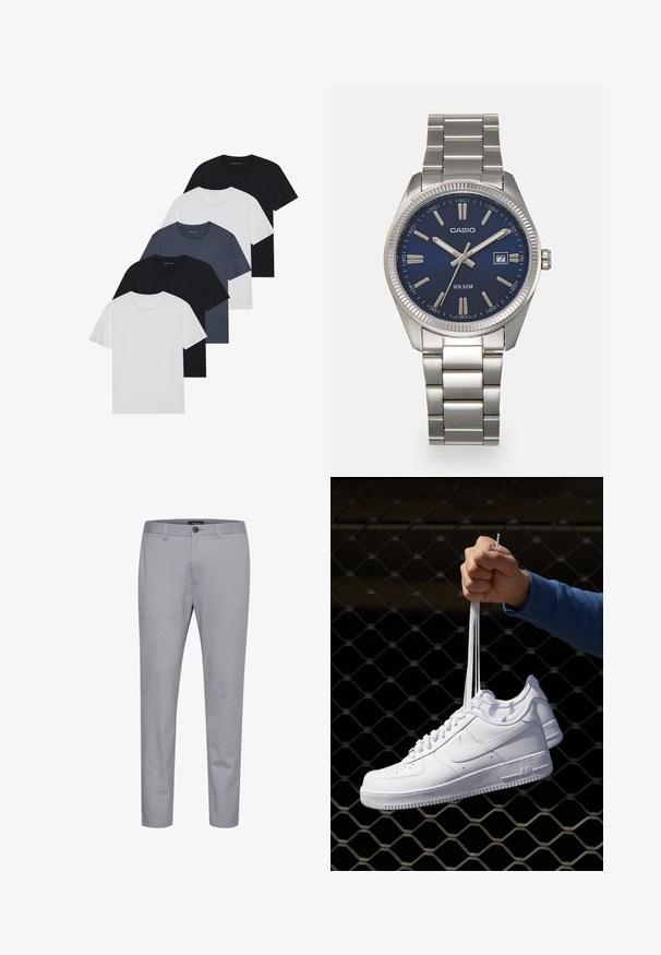 Zestaw pięciu koszulek w kolorach czarnym, białym i granatowym. Wykonane z bawełny, z krótkimi rękawami, klasycznym dekoltem i gładką fakturą, bez wzorów.; Szare spodnie w wzory wykonane z tkaniny o gładkiej teksturze. Zawierają zapięcie na guzik oraz zwężany krój nogawki.; Białe skórzane sneakersy z perforacjami, okrągłym noskiem, płaską podeszwą i grubymi sznurówkami, z widocznym logo swoosh i napisem „AIR” na pięcie.; Srebrny zegarek na stalowej bransolecie z niebieską tarczą, metalowymi indeksami godzinowymi oraz okienkiem daty na godzinie 3. Wodoodporny do 50 metrów.