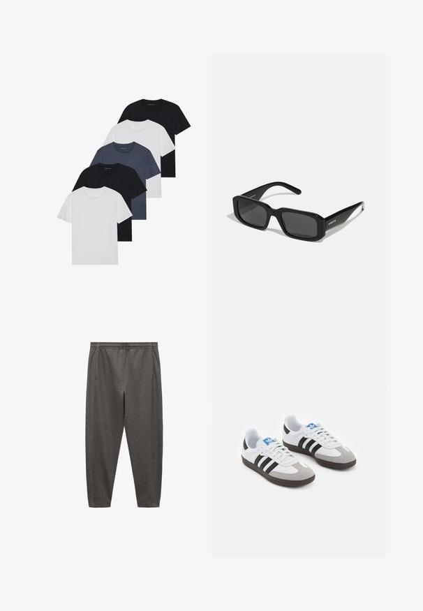 Set of five t-shirts in black, white, and navy blue. Cotton fabric, short sleeves, crew neck design, and plain texture with no patterns.; Gray jogger pants made of soft fabric, featuring an elastic waistband, side pockets, and a tapered leg design.; Sport shoes with a white leather upper, gray suede toe, and three black stripes. Features a blue logo on the tongue and a textured rubber sole.; Arnette THEKIDD UNISEX - Sunglasses - black