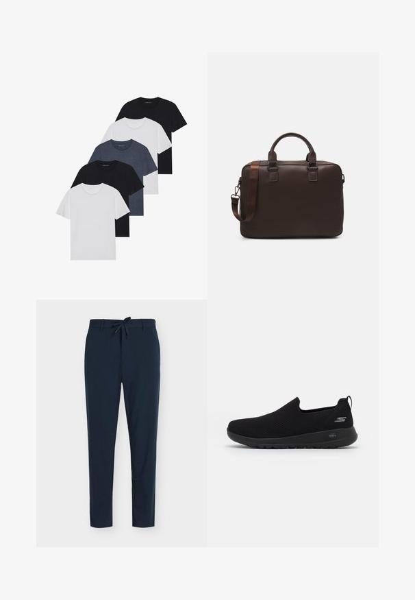 Ensemble de cinq t-shirts en noir, blanc et bleu marine. Tissu en coton, manches courtes, design col rond et texture unie sans motifs.; Pantalon bleu marine en tissu lisse avec taille à cordon, présentant un motif à fines rayures verticales et une coupe fuselée.; Baskets noires à enfiler avec une tige en mesh respirant, bout rond et semelle en caoutchouc rembourrée. Présente un logo sur le côté.; Sac à ordinateur en cuir marron avec une surface texturée, deux poignées supérieures, une bandoulière réglable et deux boucles à l'avant pour un détail supplémentaire.