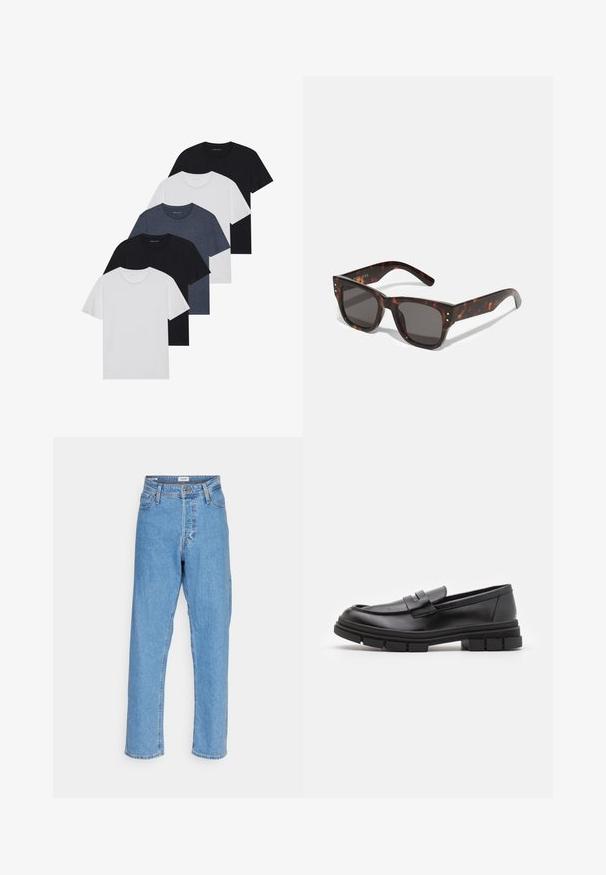 Piecu T-kreklu komplekts melnā, baltā un tumši zilā krāsā. kokvilnas audums, īsas piedurknes, apļveida kakla dizains un vienkārša faktūra bez rakstiem.; Gaiši zils augstā jostasvietā taisna kāja džinsi ar priekšējo pogu, rāvējslēdzēja aizdari, jostu cilpām un piecu kabatu dizainu uz balta fona.; Melni ādas loafers ar gludu apdari, ar priekšējo siksniņu un masīvu gumijas zoli ar izgriezumiem.; Bruņurupuča raksta saulesbrilles ar tumšiem stikliem, kvadrātveida rāmi un sudraba akcenta kniedēm priekšpusē. Izgatavotas no plastmasas, vieglas un izturīgas.