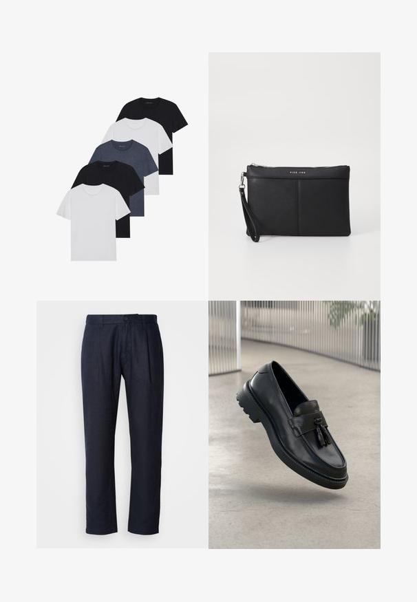 Sada piatich tričiek v čiernej, bielej a námorníckej modrej farbe. Bavlnený materiál, krátke rukávy, dizajn s okrúhlym výstrihom a hladká textúra bez vzorov.; Tmavomodré ľanové nohavice s prednými skladmi, pásom s pútkami na opasok a zapínaním na jeden gombík.; Čierne kožené mokasíny s hladkým povrchom, dekoratívnym strapcom, hrubou gumovou podrážkou a prešívanými detailmi. Ľahký a elegantný dizajn.; Čierna syntetická kabelka na ruku so zipsovým uzáverom a hladkým povrchom. Obsahuje jemné prešitie a logo vyrazené na prednej strane.