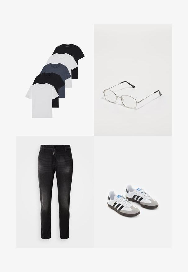 Zestaw pięciu koszulek w kolorach czarnym, białym i granatowym. Wykonane z bawełny, z krótkimi rękawami, klasycznym dekoltem i gładką fakturą, bez wzorów.; Czarne dżinsy o prostym kroju, wyposażone w guzikowy rozporek, pięć kieszeni oraz delikatne wyblaknięcia w strukturze materiału.; Buty sportowe z białą skórzaną cholewką, szarym zamszowym noskiem i trzema czarnymi paskami. Posiadają niebieskie logo na języku oraz teksturowaną gumową podeszwę.; Metalowe okulary z owalną oprawą, srebrnymi obrzeżami i przezroczystymi soczewkami. Cienkie, proste zauszniki z czarnymi końcówkami, minimalistyczny design.