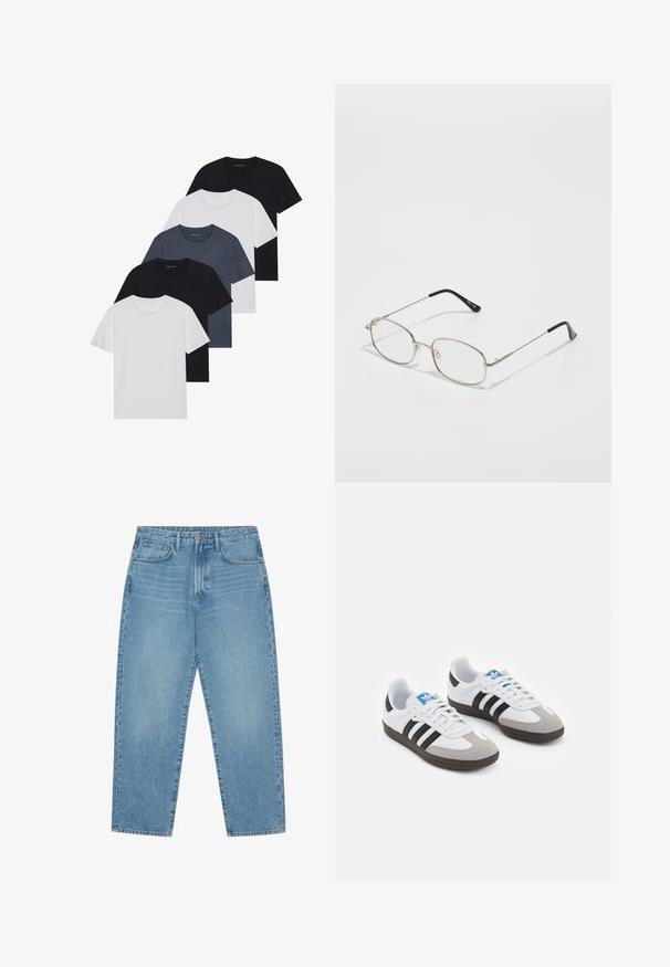 Conjunto de cinco t-shirts em preto, branco e azul marinho. Tecido de algodão, mangas curtas, design de gola redonda e textura lisa sem padrões.; Calças de ganga azul-claro com corte de perna reta, design de cinco bolsos e textura ligeiramente desbotada. Apresentam fecho de botão e zipper.; Ténis desportivos com um cabedal em pele branca, biqueira em camurça cinza e três riscas pretas. Apresenta um logo azul na língua e uma sola de borracha texturizada.; Óculos de metal com armação oval, aros prateados e lentes transparentes. Braços slim e retos com pontas pretas, design minimalista.