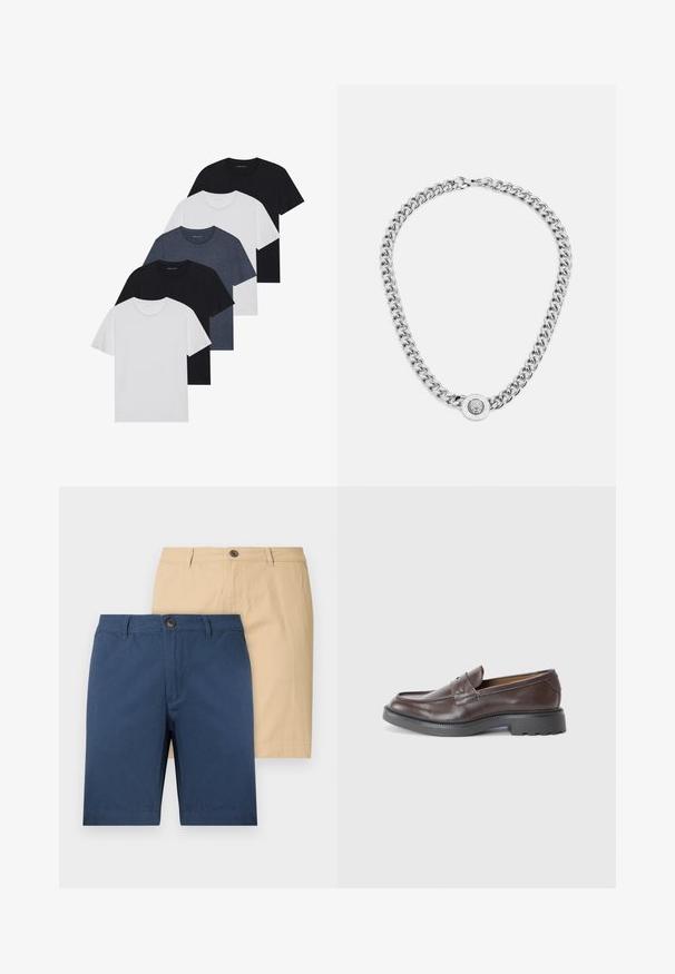 Set de cinci tricouri în negru, alb și albastru închis. Fabricat din bumbac, cu mâneci scurte, design cu gât rotund și textură uniformă, fără modele.; Două perechi de pantaloni scurți: una bleu marin și una bej. Fabricate dintr-un material moale, au închidere cu nasturi și un design drept.; Mocasini din piele maro cu un finisaj neted, vârful rotund, cusături minime și o talpă groasă din cauciuc negru. Fără accesorii sau detalii vizibile.; Colier din argint cu lănțișoare groase și un pandantiv circular central cu detalii intricate. Suprafață metalică netedă și reflexivă.