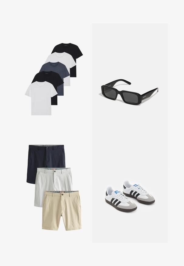 Viie t-särgi komplekt mustas, valges ja tumesinisest. Puuvillane kangas, lühikesed varrukad, ümar kaelaauk ja ühtlane tekstuur ilma mustriteta.; Kolm paari lühikesi pükse: tumesinine, helesinine ja beež, kõik valmistatud siledast kangast, millel on esiküljel taskud ja nööbiga kinnitused.; Spordijalatsid valge nahkpealsega, halli nubuk-naha otsaga ja kolme musta triibuga. Omab sinist logo keele peal ja struktureeritud kummitalda.; Arnette THEKIDD UNISEX - Päikeseprillid - black
