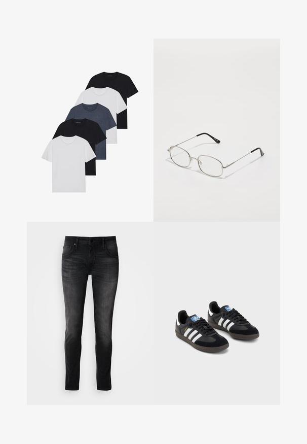 Penki marškiniai juodos, baltos ir mėlynos spalvos. Pagaminti iš medvilnės, trumpomis rankovėmis, su apvaliu kaklu, be raštų.; Juodos džinsinės kelnės su prigludusia siluetu, penkių kišenių dizainu, subtiliu blukimu ir kontrastingomis siūlėmis. Yra klasikinis metalinis mygtukas ir užtrauktukas.; Juodi sportiniai bateliai su zomšos ir sintetine viršutine dalimi, turintys tris baltas juosteles, tekstūruotą gumos pado paviršių ir mėlyną logotipo etiketę ant liežuvėlio.; Metalinės akinių rėmeliai su ovalia forma, sidabriniais apvadais ir skaidriais lęšiais. Ploni, tiesūs šonai su juodais galiukais, minimalistinis dizainas.