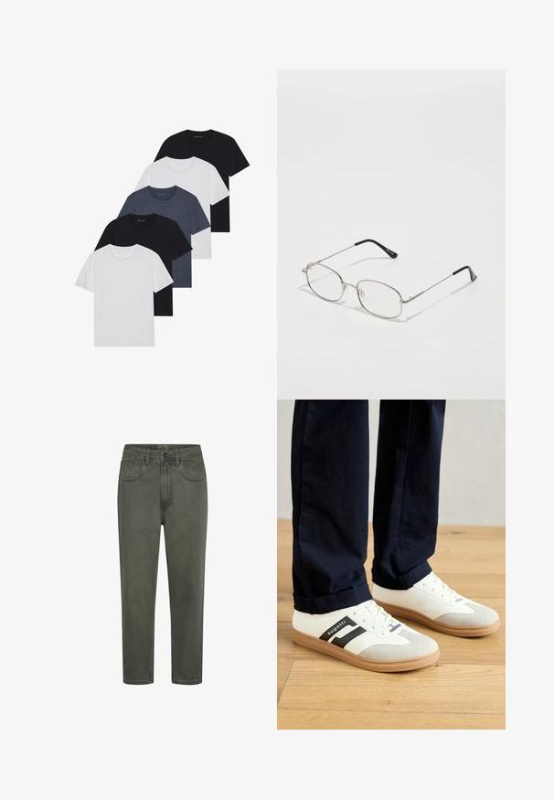 Set di cinque t-shirt in nero, bianco e blu navy. Tessuto di cotone, maniche corte, design a collo rotondo e texture semplice senza motivi.; Chinos verdi in cotone con silhouette dritta, dotati di passanti per cintura, tasche frontali e chiusura a bottoni. Tessuto liscio con cuciture minime.; Sneakers bianchi e grigi con strisce nere, realizzati in pelle, dotati di suola in gomma e lacci piatti. Indossati con pantaloni blu navy su un pavimento in legno.; Occhiali in metallo con montatura ovale, cornici argentate e lenti trasparenti. Aste sottili e dritte con punte nere, design minimalista.