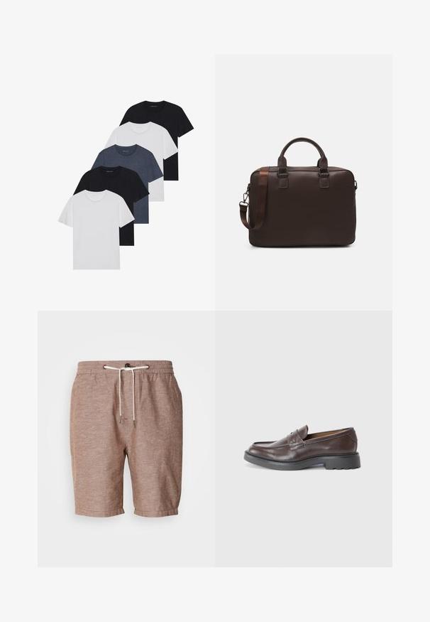Set of five t-shirts in black, white, and navy blue. Cotton fabric, short sleeves, crew neck design, and plain texture with no patterns.; Brown linen shorts with an elastic waistband, drawstring closure, and rolled hem. Features subtle texture and minimal design elements.; Brown leather loafers with a smooth finish, round toe, minimal stitching, and a thick black rubber sole. No visible hardware or accents.; Brown leather laptop bag with a textured surface, dual top handles, adjustable strap, and two front buckles for added detail.