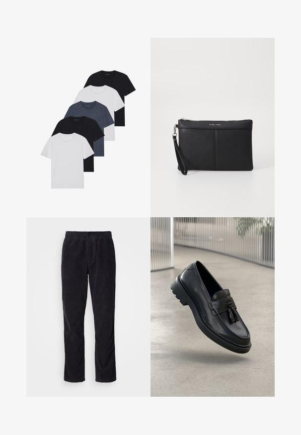 Viie t-särgi komplekt mustas, valges ja tumesinisest. Puuvillane kangas, lühikesed varrukad, ümar kaelaauk ja ühtlane tekstuur ilma mustriteta.; Must mustriid püksid, millel on sirge jalgade disain, elastne vöökoht ja peen vertikaalne ribatekstuur. Nähtavaid metallosi ei ole.; Mustad nahast mokassiinid, millel on sile viimistlus, dekoratiivne tutt, paks kummist tald ja õmmeldud detailid. Kerge ja voolujooneline disain.; Must musta klamber, millel on luku sulgemine, randme rihm ja sile tekstuur. Omab peent õmblust ja esiküljel on reljeefne logo.