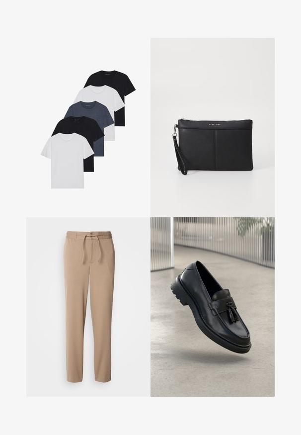 Viie t-särgi komplekt mustas, valges ja tumesinisest. Puuvillane kangas, lühikesed varrukad, ümar kaelaauk ja ühtlane tekstuur ilma mustriteta.; Beezvärvilised dressipüksid, mis on valmistatud pehmest puuvillast, elastse vöökoha, nööri, slim fit stiili ja sirgete jalgadega, ilma mustriteta.; Mustad nahast mokassiinid, millel on sile viimistlus, dekoratiivne tutt, paks kummist tald ja õmmeldud detailid. Kerge ja voolujooneline disain.; Must musta klamber, millel on luku sulgemine, randme rihm ja sile tekstuur. Omab peent õmblust ja esiküljel on reljeefne logo.