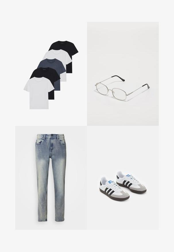 Penki marškiniai juodos, baltos ir mėlynos spalvos. Pagaminti iš medvilnės, trumpomis rankovėmis, su apvaliu kaklu, be raštų.; Šviesiai mėlyno denimo kelnės su tiesiomis kojomis, penkių kišenių dizainu, mygtukų uždarymu ir švelniais nusidėvėjimo akcentais šalia kelių.; Sportiniai batai su balta odine viršutine dalimi, pilku zomšiniu priekiu ir trimis juodomis juostelėmis. Ant liežuvio yra mėlynas logotipas, o padas pagamintas iš tekstūruoto gumos.; Metalinės akinių rėmeliai su ovalia forma, sidabriniais apvadais ir skaidriais lęšiais. Ploni, tiesūs šonai su juodais galiukais, minimalistinis dizainas.