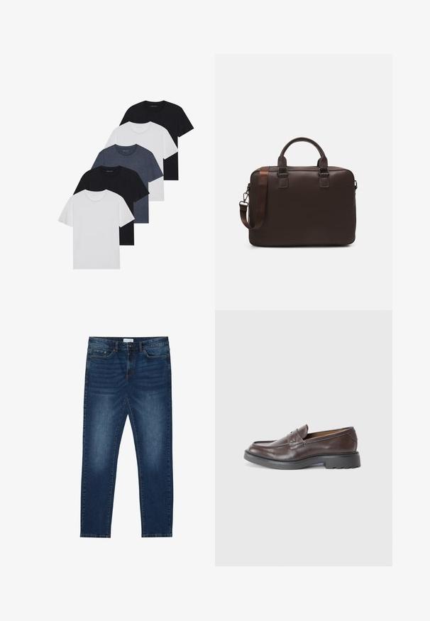 Set med fem t-shirts i svart, vitt och marinblått. Bomullslyster, korta ärmar, rund halsdesign och slät struktur utan mönster.; Mörkblå slim-fit jeans med blekta detaljer, klassisk femfickdesign, knappstängning och bälteshällor.; Bruna läderloafers med en slät yta, rund tå, minimal sömnad och en tjock svart gummisula. Inga synliga beslag eller detaljer.; Brun läder laptopväska med en texturerad yta, dubbla handtag ovanpå, justerbar rem och två frambucklar för extra detaljer.