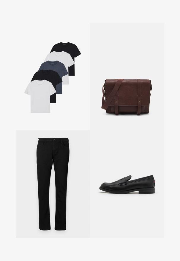 Conjunto de cinco t-shirts em preto, branco e azul marinho. Tecido de algodão, mangas curtas, design de gola redonda e textura lisa sem padrões.; Jeans de denim preto com um corte slim, apresentando bolsos frontais, passantes para cinto e fecho com botão. Textura suave com uma cor sólida.; Mocassim de couro preto com um acabamento suave, bico arredondado e uma pequena aba decorativa. Apresenta um salto baixo em camadas e um detalhe de branding discreto.; Mala mensageiro de couro castanho com uma aba frontal plana, duas correias, detalhes em metal dourado e uma alça de ombro ajustável.