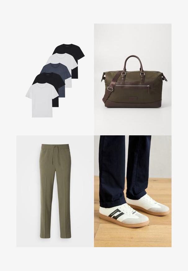 Sett av fem t-skjorter i svart, hvit og marineblå. 100% bomull, kortermet, rund halsdesign og ensfarget uten mønstre.; Olivengrønne, letvægtsbukser med elastisk talje og justerbar snor; lige bendesign og glat tekstur.; Hvite og grå sneakers med svarte striper, laget av lær, med gummisåle og flate lisser. Brukt med marineblå bukser på et trefloor.; Canvas duffel bag i olivengrønn med brune lærdetaljer, med doble håndtak, en avtagbar skulderreim og en frontlomme med glidelås.
