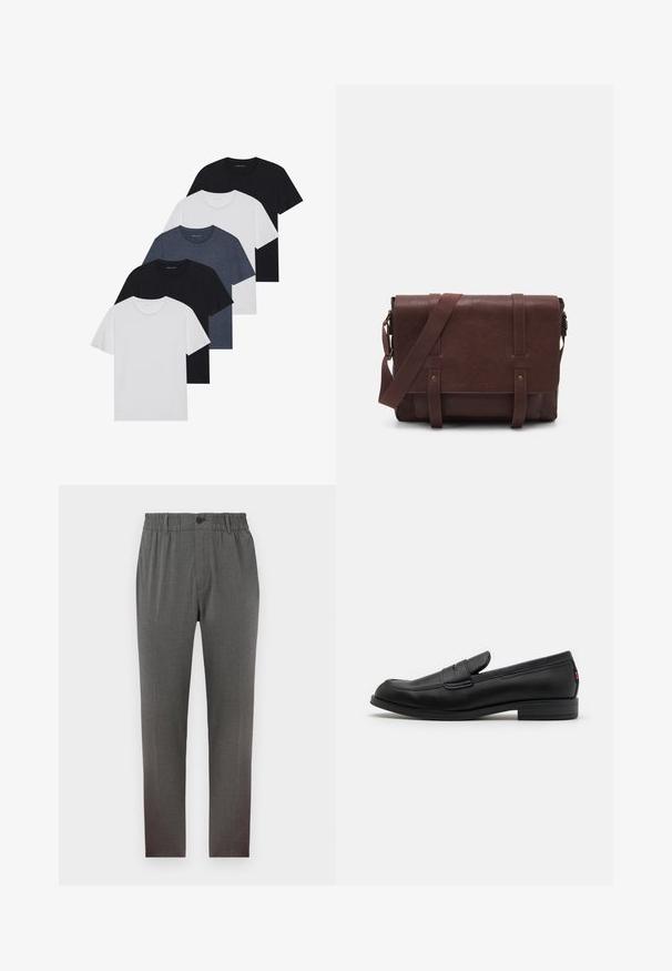 Conjunto de cinco t-shirts em preto, branco e azul marinho. Tecido de algodão, mangas curtas, design de gola redonda e textura lisa sem padrões.; Calças cinzentas com um design ajustado, apresentando um cós elástico, fecho de botão e pernas retas; feitas de um tecido suave e texturizado.; Mocassim de couro preto com um acabamento suave, bico arredondado e uma pequena aba decorativa. Apresenta um salto baixo em camadas e um detalhe de branding discreto.; Mala mensageiro de couro castanho com uma aba frontal plana, duas correias, detalhes em metal dourado e uma alça de ombro ajustável.