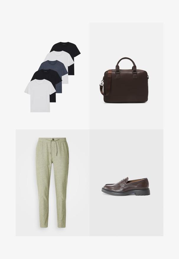 Set of five t-shirts in black, white, and navy blue. Cotton fabric, short sleeves, crew neck design, and plain texture with no patterns.; Light green jogger pants in a textured fabric, featuring an elastic waistband with a drawstring and a front button detail.; Brown leather loafers with a smooth finish, round toe, minimal stitching, and a thick black rubber sole. No visible hardware or accents.; Brown leather laptop bag with a textured surface, dual top handles, adjustable strap, and two front buckles for added detail.