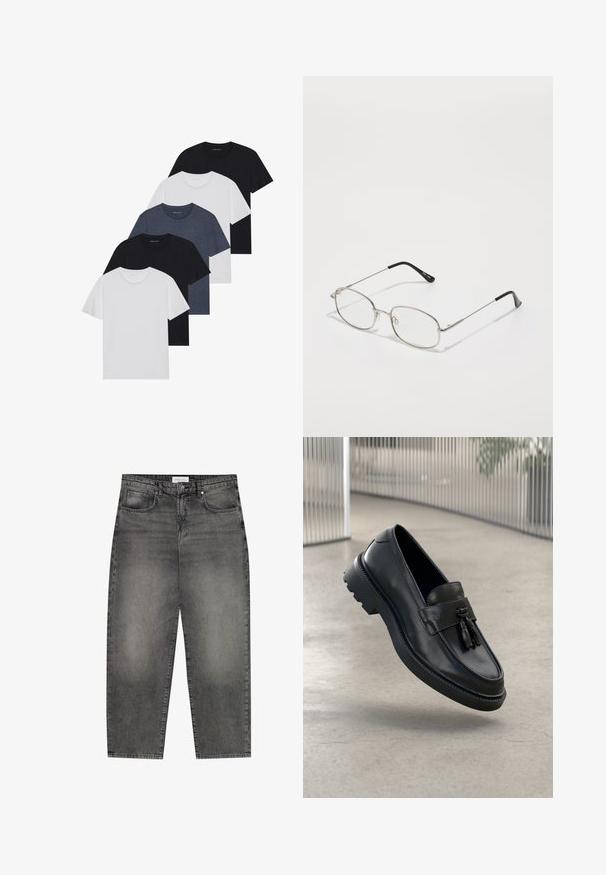 Set of five t-shirts in black, white, and navy blue. Cotton fabric, short sleeves, crew neck design, and plain texture with no patterns.; Grey denim jeans with a loose fit, featuring five pockets, a zip fly, and subtle fading. Classic straight leg design and top-stitched seams.; Black leather loafers with a smooth finish, decorative tassel, thick rubber sole, and stitched accents. Lightweight and sleek design.; Metal eyeglasses with an oval frame, silver bezels, and clear lenses. Slim, straight arms with black tips, minimalist design.