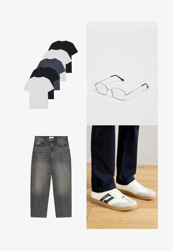 Conjunto de cinco camisetas en negro, blanco y azul marino. Tejido de algodón, de manga corta, diseño de cuello redondo y textura lisa sin patrones.; Jeans de mezclilla grises con un ajuste holgado, que cuentan con cinco bolsillos, cremallera y un ligero desvanecimiento. Diseño clásico de pierna recta y costuras cosidas al exterior.; Zapatillas blancas y grises con rayas negras, hechas de cuero, con suela de goma y cordones planos. Llevadas con pantalones color navy sobre un suelo de madera.; Gafas de metal con montura ovalada, biseles plateados y lentes transparentes. Varillas delgadas y rectas con puntas negras, diseño minimalista.