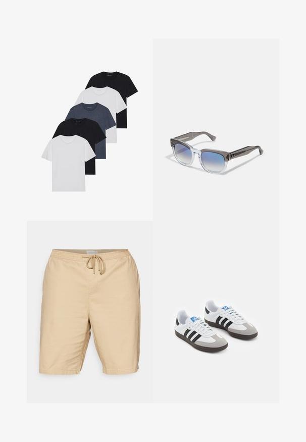 Piecu T-kreklu komplekts melnā, baltā un tumši zilā krāsā. kokvilnas audums, īsas piedurknes, apļveida kakla dizains un vienkārša faktūra bez rakstiem.; Gai bēšas šorti, kas izgatavoti no auduma ar gludu tekstūru, aprīkoti ar elastīgu jostasvietu un stringu, kā arī sānu kabatām.; Sporta apavi ar balto ādas virsu, pelēku zamšādas purngalu un trim melnām svītrām. Iezīmē zilu logotipu uz mēles un teksturētu gumijas zoli.; Pelēki un caurspīdīgi rāmja saulesbrilles ar kvadrātveida formu, gradienta zilām lēcām un metāla akcentiem uz tempļiem. Viegls materiāls.