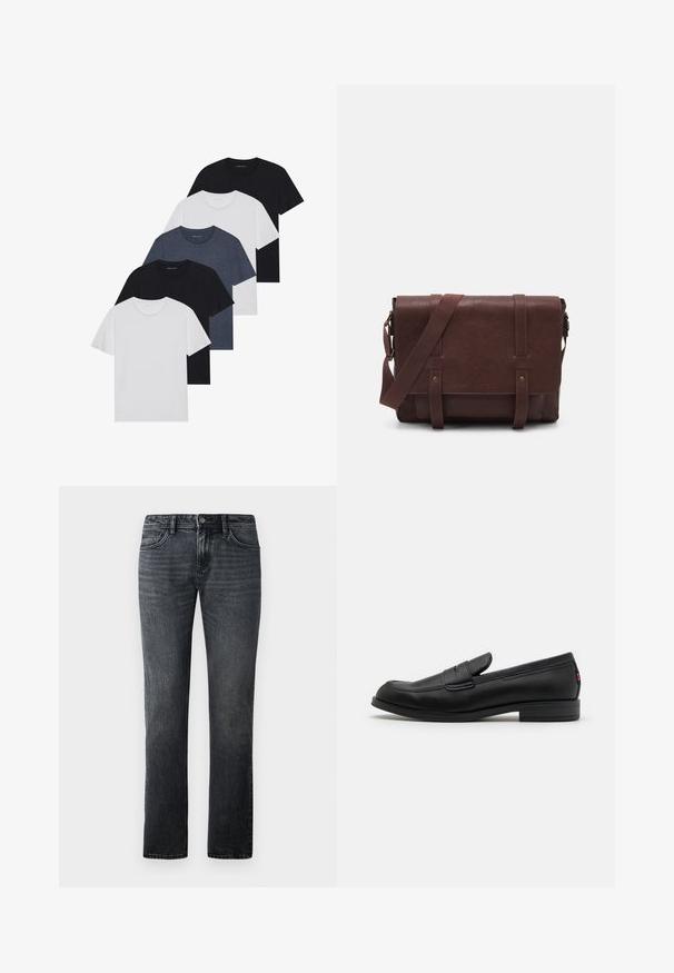Conjunto de cinco t-shirts em preto, branco e azul marinho. Tecido de algodão, mangas curtas, design de gola redonda e textura lisa sem padrões.; Jeans retos cinza escuro feitos de denim, apresentando um design clássico de cinco bolsos e um fecho de botão na cintura.; Mocassim de couro preto com um acabamento suave, bico arredondado e uma pequena aba decorativa. Apresenta um salto baixo em camadas e um detalhe de branding discreto.; Mala mensageiro de couro castanho com uma aba frontal plana, duas correias, detalhes em metal dourado e uma alça de ombro ajustável.