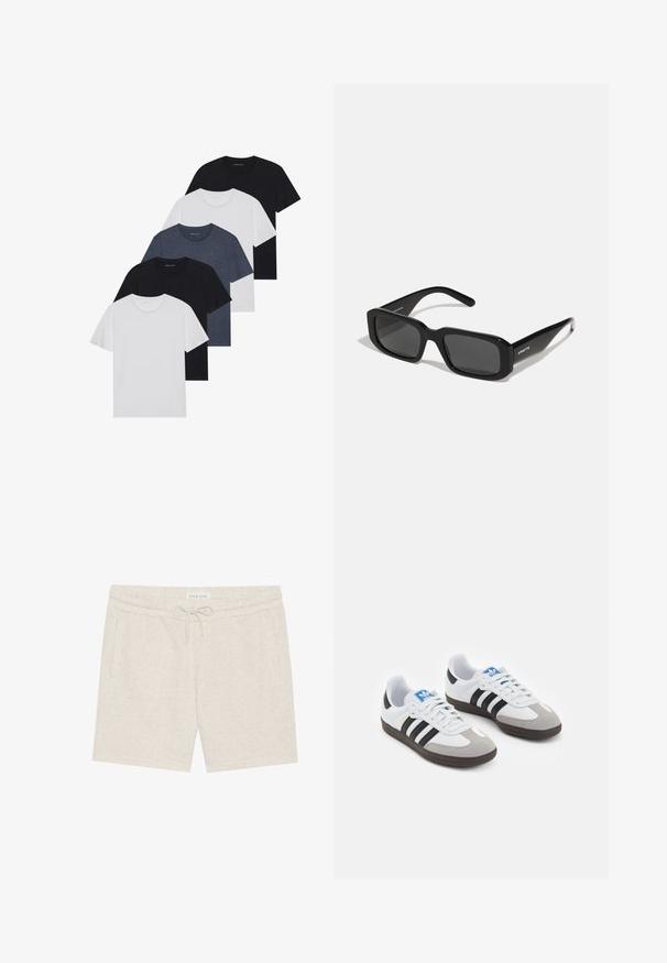 Set aus fünf T-Shirts in Schwarz, Weiß und Marineblau. Baumwollstoff, kurze Ärmel, Rundhalsausschnitt und schlichte Textur ohne Muster.; Helle beigen Shorts aus weichem Material, mit einem Kordelzugbund, seitlichen Taschen und einer dezenten gesprenkelten Textur.; Sportschuhe mit einem Obermaterial aus weißem Leder, grauer Wildleder-Zehenkappe und drei schwarzen Streifen. Sie verfügen über ein blaues Logo auf der Zunge und eine strukturierte Gummisohle.; Arnette THEKIDD UNISEX - Sonnenbrille - black
