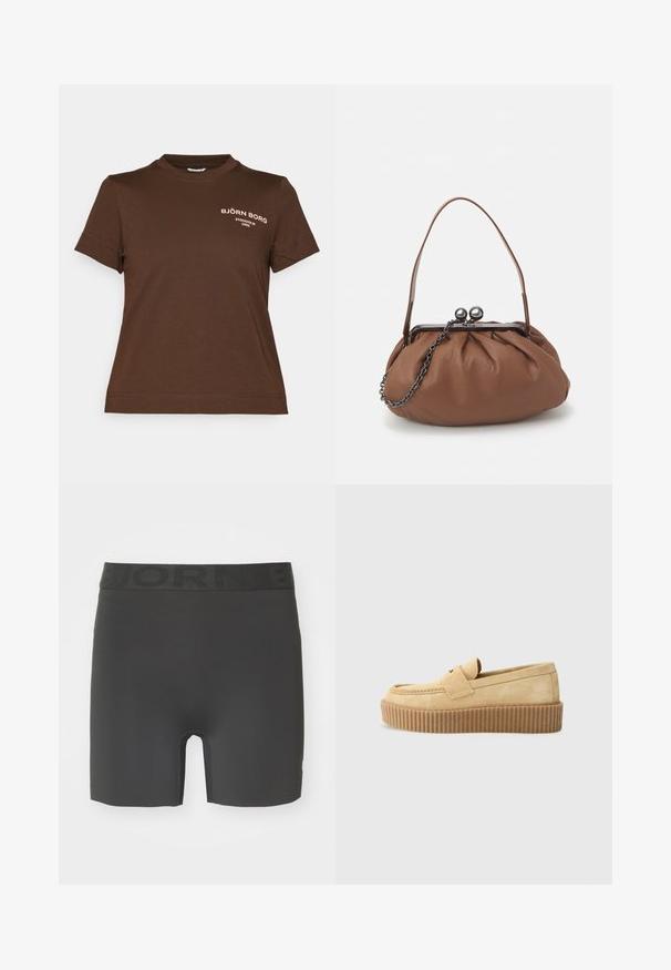 T-shirt castanho de manga curta feito em algodão, com um decote redondo e uma impressão de logotipo branco na área do peito esquerdo. Design simples e ajustado.; Shorts atléticos pretos feitos de um material elástico. Apresentam uma cintura elástica com letras em relevo e um design de comprimento médio na coxa.; Mocassins em camurça bege, com sola plataforma em tom castanho texturizado, apresentando bico plano e uma faixa decorativa na parte superior.; Bolsa de mão em couro castanho com um design franzido, uma alça curta em couro e uma alça de corrente. Apresenta um fecho de metal prateado com dois detalhes redondos.