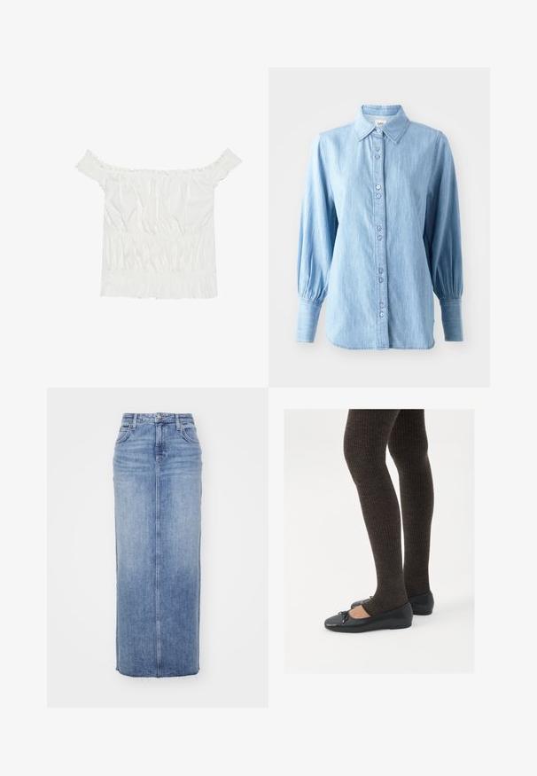 Valkoinen olkapään yli ulottuva paita, jossa on röyhelökoristeita, rypytetty pinta ja joustava vyötärö. Valmistettu pehmeästä puuvillakankaasta.; Vaaleansininen farkkupaita, jossa on kauluskotelo, nappilista edessä ja pitkät puffihihat. Ominaisuuksiin kuuluu hienovarainen tekstuuri ja yhteensopivat napit.; Vaaleansininen farkkumaxi-hame, jossa on suora leikkaus, etusauma, revitty helma, klassinen viiden taskun muotoilu ja metallinen nappisulku.; Mustat matalat kengät, joissa on pieni nauha varpaissa, yhdistettynä tummanruskeisiin ribattuisiin sukkahousuihin. Kengissä on sileä pinta ja matala profiili.