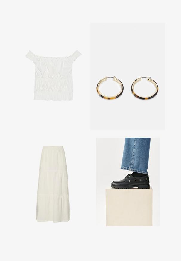 Bela bluzo brez naramnic z nabranimi detajli, nabranim teksturiranjem in elastičnim pasom. Narejena iz mehkega bombažnega blaga.; Bela maksi krila s plastmi, izdelana iz lahkotnega, strukturiranega materiala z elastičnim pasom. Ima tri ločene sekcije iz različnega materiala.; Črne usnjene čevlje z zaobljenim nosom, vezalkami in zlatimi luknjami. Trpežen podplat. Oblečeni so z modrimi jeans hlačami, ki malo prekrivajo čevlje.; Zlato-tonirane obročeve uhane s zunanjim robom iz smole s školjčnim vzorcem, ki se ponašajo z gladko površino in elegantno, krožno obliko.