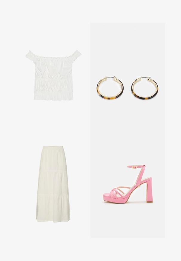 Hvit av-shoulder topp med volanger, samlet tekstur og elastisk midje. Laget av myk bomull.; Hvit, lagdelt maxi-skjørt laget av lett, teksturert stoff med elastisk midjebånd. Har tre distinkte stoffseksjoner.; Rosa høyhælte sandal med ankelrem, gullspenne, platåsåle og flere frontremmer, vist på en hvit bakgrunn.; Gullferske hoop øreringer med et skjellmønster i resin på ytterkanten, med en glatt overflate og en strømlinjeformet, sirkulær form.