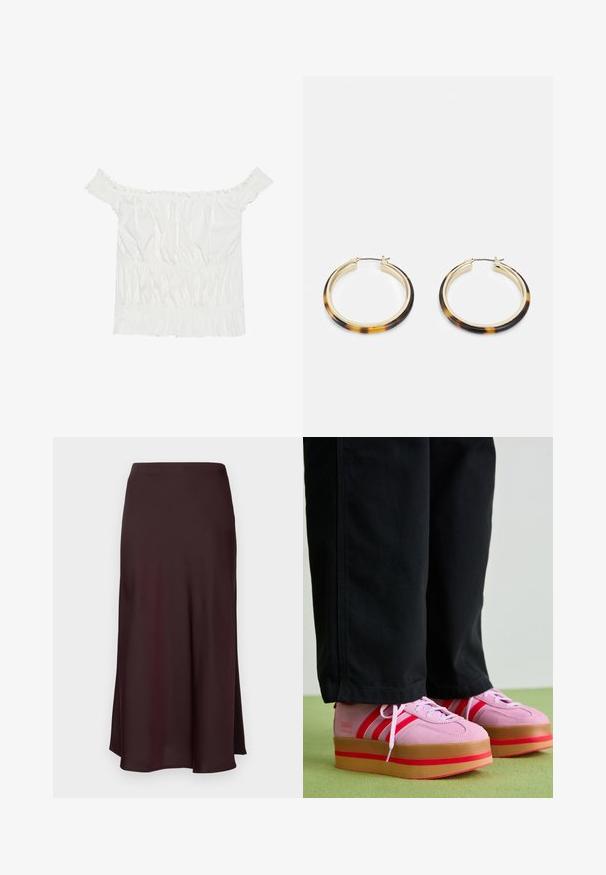 Hvit av-shoulder topp med volanger, samlet tekstur og elastisk midje. Laget av myk bomull.; Burgunderfarget sateng midi-skjørt med en jevn tekstur, rett passform og litt utsvingt kant. Ingen synlige mønstre eller hardware-detaljer.; Rosa semsket plattform sneakers med røde detaljer og tre striper, med en tykk, transparent gummisåle, kombinert med svarte bukser.; Gullferske hoop øreringer med et skjellmønster i resin på ytterkanten, med en glatt overflate og en strømlinjeformet, sirkulær form.