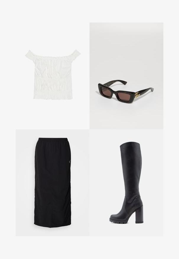 White off-the-shoulder top with ruffled accents, gathered texture, and an elasticized waistband. Made from soft cotton fabric.; Black athletic skirt with an elastic waistband, featuring side slits for ease of movement and minimal branding detail on the right side.; Black knee-high boot, smooth leather material, chunky heel, rounded toe, textured sole with grip, sleek design without embellishments.; Black tortoiseshell sunglasses with rectangular lenses, brown tint, thick frame, and gold double-G logo detail on the temple.; Gold-tone hoop earrings with a tortoiseshell-patterned resin outer edge, featuring a smooth finish and a sleek, circular shape.