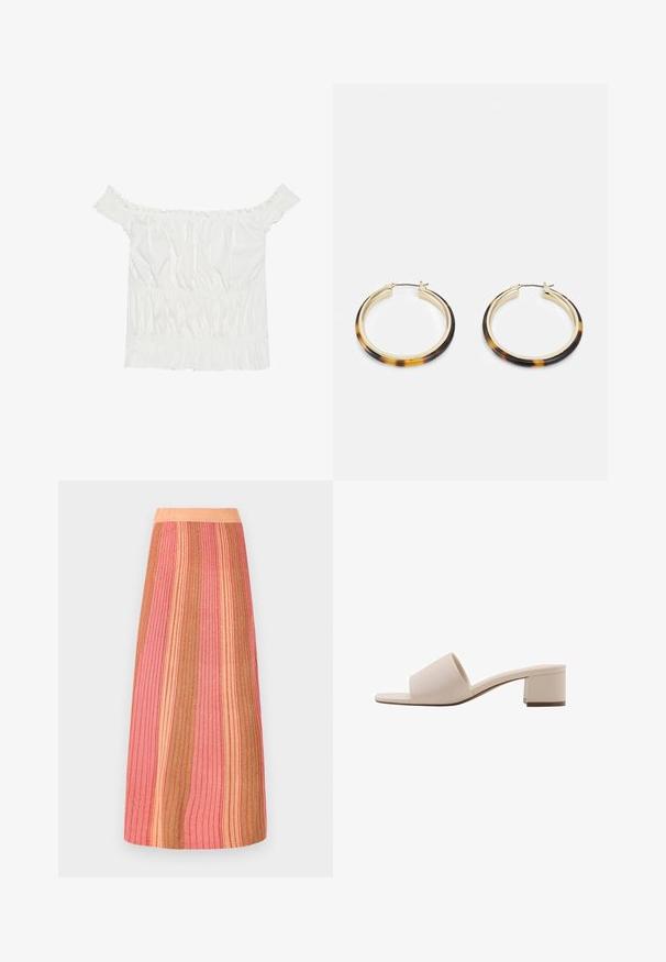 Bílý top s odhalenými rameny, s volánkovými detaily, nařasenou texturou a elastickým pasem. Vyrobeno z měkké bavlněné tkaniny.; Triko midi sukni s vertikálními pruhy v odstínech růžové, zlaté a oranžové. Hladká textura s měkkým pasem pro pohodlí.; Béžová sandála na bloku s širokým páskem a otevřenou špičkou. Hladký materiál a elegantní design. Krátký, pevný podpatek pro stabilitu.; Zlaté kruhové náušnice s venkovním okrajem vzoru želvoviny, které mají hladký povrch a elegantní, kulatý tvar.