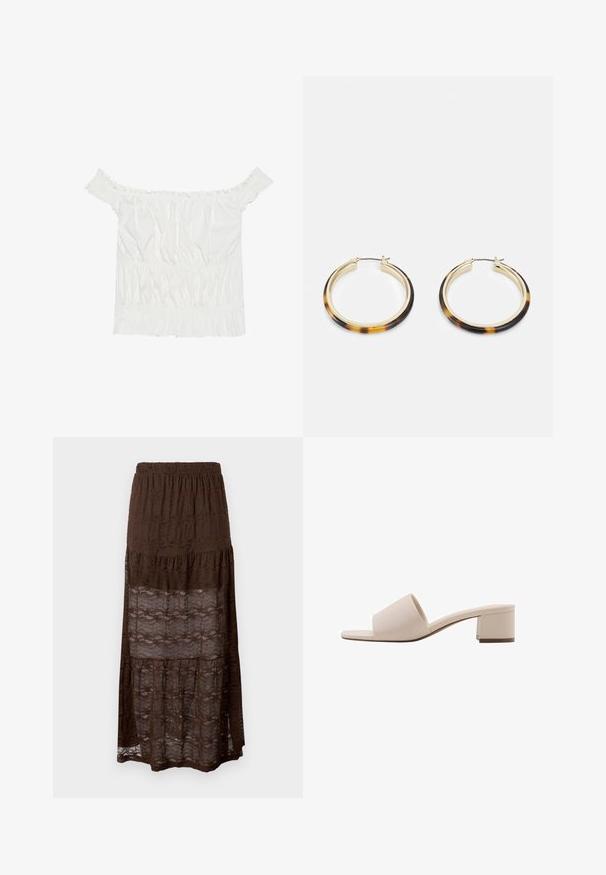 Bijela bluzica bez naramenica s volanima, naboranom teksturom i elastičnom gumicom u struku. Izrađena od mekanog pamučnog materijala.; Smeđa čipkasta maxi suknja s višeslojnim dizajnom, s nabranoj strukom i valovitim uzorcima kroz cijelo platno. Lagana i polu-prozirna.; Bež sandala s blok petom, širokom trakom i otvorenim prstima. Glatki materijal i elegantan dizajn. Kratka, čvrsta peta za stabilnost.; Zlatne hoop naušnice s vanjskim rubom od smole s uzorkom kornjače, s glatkom završnom obradom i elegantnim, kružnim oblikom.