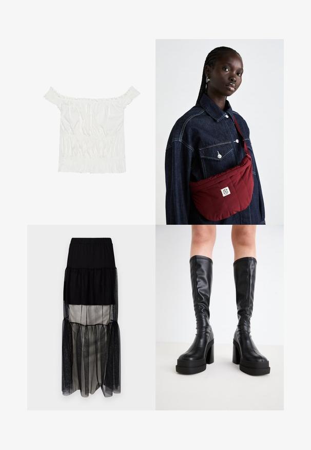 Haut blanc à épaules dénudées avec des accents volantés, une texture froncée et une taille élastique. Fabriqué en doux coton.; Jupe maxi noire à plusieurs couches avec une taille élastique, dotée de panneaux en tulle transparent, d'une doublure en satin contrastante et d'une silhouette fluide.; Bottes noires hautes en cuir lisse, avec une épaisse semelle plateforme et un talon carré, ornées de surpiqûres le long des bords.; Sacoche matelassée bordeaux de forme rectangulaire, dotée d'un patch logo, portée sur une veste en denim noir à deux poches avant.