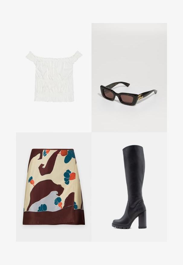 Vit off-shoulder topp med volangdetaljer, samlad textur och elastisk midja. Tillverkad av mjukt bomullstyg.; Silkeskjol med en beige bas och abstrakta blommönster i vinröd, teal och röd; fållen har en mörk vinröd finish.; Svart knäghöga stövel, slät lädermaterial, kraftig klack, rund tå, texturerad sula med grepp, stilren design utan utsmyckningar.; Svart sköldpaddsmönstrade solglasögon med rektangulära linser, brun ton, tjock ram och guld dubbel-G logotypdetalj på bågen.; Guldtonade hoopörhängen med en yttermarg av resin med sköldpaddsmönster, som har en slät yta och en stilren, cirkulär form.