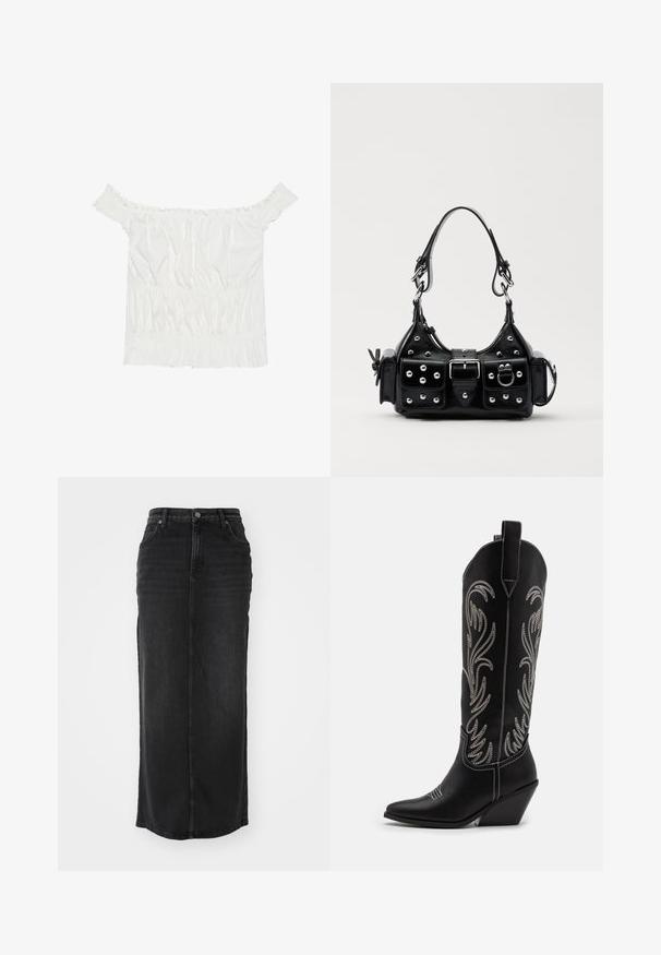 Biela blúzka bez ramienok s volánikmi, riasenou textúrou a elastickým pásom. Vyrobená z jemnej bavlnenej tkaniny.; Čierna denimová maxi sukňa so straitovým strihom, stredným pásom, prednými vreckami a viditeľným prešitím pozdĺž švov.; Čierne kožené kovbojské čižmy s špicatými prstami, klinovými podpätkami a striebornými vyšívanými kvetinovými vzormi po celej dĺžke. Kontrastné šitie po celom povrchu.; Čierna kožená kabelka s zakriveným dizajnom, doplnená striebornými cvočkami, prackou a dvoma bočnými vreckami. Nastaviteľný popruh poskytuje rôzne možnosti nosenia.
