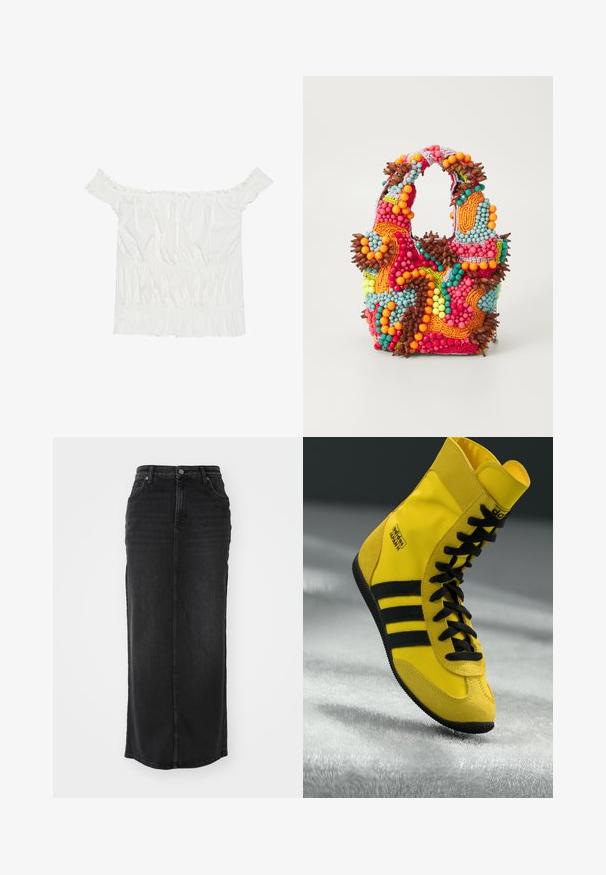 Witte off-shoulder top met gerimpelde accenten, gathering structuur en een elastische tailleband. Gemaakt van zachte katoenen stof.; Zwarte denim maxi rok met een rechte snit, middelhoge taille, zakken aan de voorkant en zichtbare stiksels langs de naden.; Hoge sneakers van gele synthetische materialen, met zwarte veters, drie zwarte strepen en branding op de zijkant. Gekreukt rubberen zool.; Beaded handtas met levendige kleuren: roze, oranje, blauw en bruin. Getextureerd oppervlak met ronde kralen en organische vormen, stevige handvatten.
