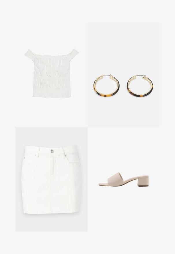 Un top alb off-the-shoulder cu accente volanate, textură pliată și talie elastică. Fabricat dintr-un material moale din bumbac.; Fustă din denim alb, cu un design ajustat, prezentând o închidere cu nasturi în față, două buzunare laterale și o lungime până la mijlocul coapsei. Textură netedă.; Sandale cu toc bloc bej, cu o curea lată și vârf deschis. Material neted și design elegant. Toc scurt și robust pentru stabilitate.; Cercei cu formă rotundă, de culoare auriu, cu un margine exterioară din rășină cu model țestoasă, având un finisaj neted și o formă elegantă.