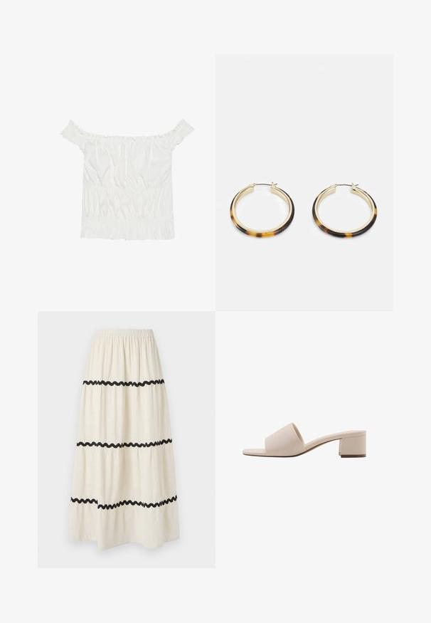 Hvid off-the-shoulder top med flæse-accenter, samlet tekstur og elastisk talje. Lavet af blødt bomuldsstof.; Lagdelte ankel-lange nederdele i cremefarvet stof med sort bølgende kant. Har elastisk talje for komfort og let, svævende fald.; Beige blokhælede sandal med en bred rem og åben tå. Glat materiale og strømlinet design. Kort, solid hæl for stabilitet.; Guldtonede hoop øreringe med en skildpadde-mønstret harpikskant, der har en glat finish og en elegant, rund form.