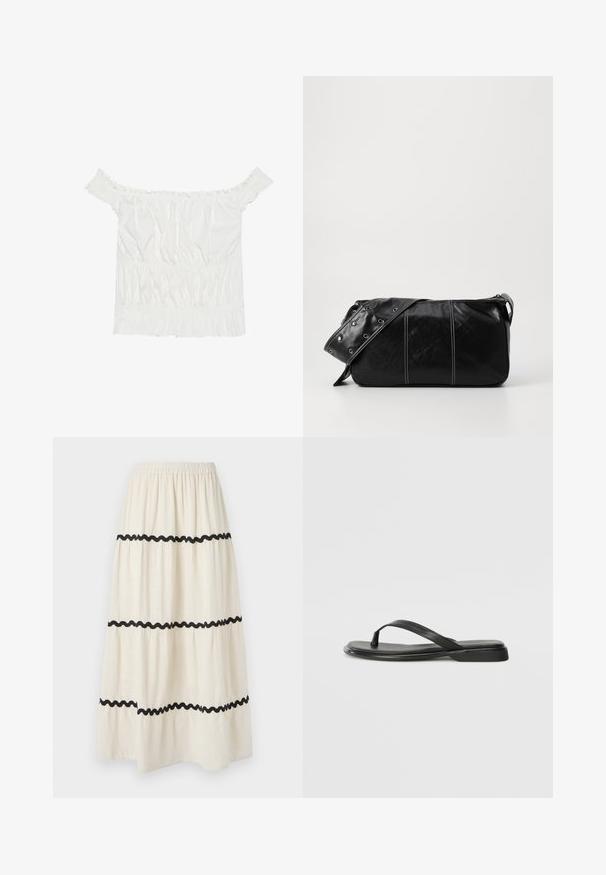 Valge õlavabalt topp, millel on volangakujulised aktsendid, kokku tõmmatud tekstuur ja elastne vöökoht. Valmistatud pehmest puuvillakangast.; Kihiline pahkluuni ulatuv seelik kreemivärvi kangast mustade laineliste ääristega. Omab elastset vöökohta mugavuse tagamiseks ja voolavat, kerget alla langevust.; Musta sussumood, mis on valmistatud siledast nahast. Sellel on õhuke rihma disain ja lame tald minimaalsete joontega. Mingeid silmatorkavaid mustreid või aktsente ei ole.; Must mustra nahkainine õlakott, millel on tõmblukk, tekstureeritud pind, valged õmblused ja rihm hõbedaste rõngastega.