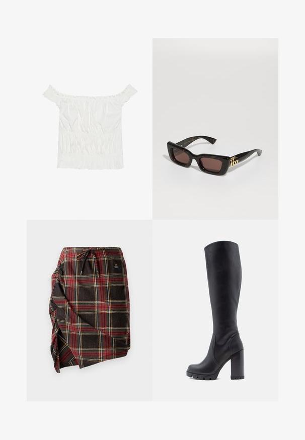 Bela bluzo brez naramnic z nabranimi detajli, nabranim teksturiranjem in elastičnim pasom. Narejena iz mehkega bombažnega blaga.; Plaid obleka s ploščatim vzorcem v temni tkanini, ki vključuje rdeče, zelene in rumene motive. Vključuje pas z vrvicami in stranski razporek.; Črne čizmice do kolen, gladek usnjeni material, masiven peta, zaobljen nos, teksturirana podplat z oprijemom, eleganten dizajn brez okrasnih elementov.; Črne želvje sončne očala s pravokotnimi lečami, rjavim odtenkom, debelim okvirjem in zlatim dvojnega G logotipom na obročku.; Zlato-tonirane obročeve uhane s zunanjim robom iz smole s školjčnim vzorcem, ki se ponašajo z gladko površino in elegantno, krožno obliko.