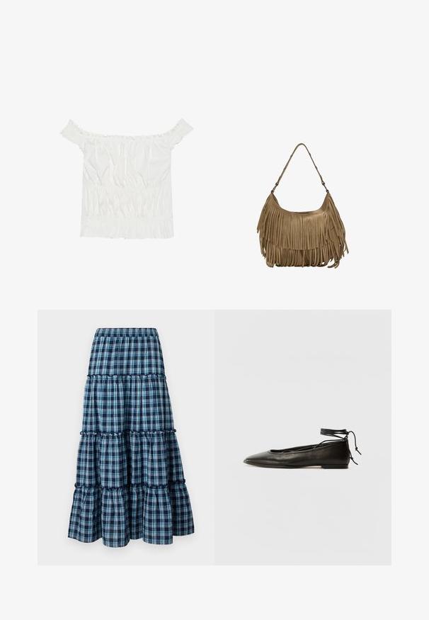 Vit off-shoulder topp med volangdetaljer, samlad textur och elastisk midja. Tillverkad av mjukt bomullstyg.; Blå och vit rutig flerlagerskjol med elastisk midja, som har volangiga lager och en flödande silhuett. Mjuk bomullsmaterial.; Svarta läderballetskor med spetsig tå, ankelsnöre och platt sula, med en slät yta och minimalistisk design.; Brun mockaskinns väska med långa fransdetaljer, en böjd form och ett enda axelband. Har en jämn, strukturerad yta.