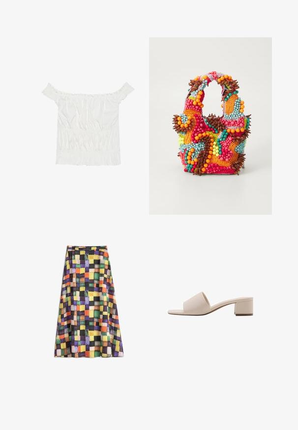 Haut blanc à épaules dénudées avec des accents volantés, une texture froncée et une taille élastique. Fabriqué en doux coton.; Jupe midi colorée avec un motif à carreaux de carrés orange, jaune, vert, violet, noir et beige sur un tissu fluide.; Sandale à talon bloc beige avec une large lanière et une ouverture à l'orteil. Matériau lisse et design épuré. Talon court et robuste pour plus de stabilité.; Sac à main en perles aux couleurs vives : rose, orange, bleu et marron. Surface texturée avec des perles circulaires et des formes organiques, poignées robustes.