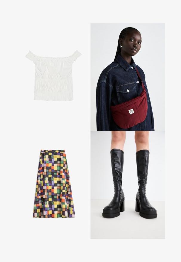 Biela blúzka bez ramienok s volánikmi, riasenou textúrou a elastickým pásom. Vyrobená z jemnej bavlnenej tkaniny.; Farebná midi sukňa s kockovaným vzorom z oranžových, žltých, zelených, fialových, čiernych a pieskových štvrcov na priedušnej látke.; Čierne čižmy do kolien vyrobené z hladkej kože, s hrubou platformou a blokovým podpätkom, so šitými detailmi pozdĺž okrajov.; Burgundská prešívaná taška na rameno s obdĺžnikovým tvarom, zdobená logom, nosená cez tmavú džínovú bundu s dvoma prednými vreckami.