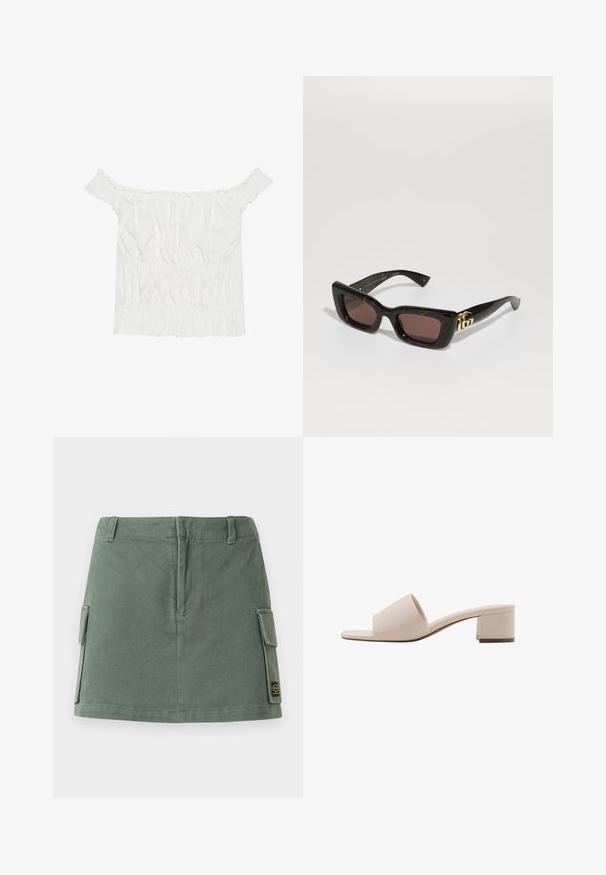 Witte off-shoulder top met gerimpelde accenten, gathering structuur en een elastische tailleband. Gemaakt van zachte katoenen stof.; Groene denim rok met een aansluitende tailleband, twee zijzakken en een patch aan de onderzijde rechts. Soepele textuur met een subtiele glans.; Beige blockhaksandal met een brede band en open teen. Gladde stof en strakke uitstraling. Korte, stevige hak voor stabiliteit.; Zwarte schildpad-zonnebril met rechthoekige lenzen, bruine tint, een stevig montuur en een gouden dubbele G-logo detail op de temple.; Gouden hoepeloorbellen met een tortoisepatroon van hars aan de buitenrand, met een gladde afwerking en een strakke, ronde vorm.