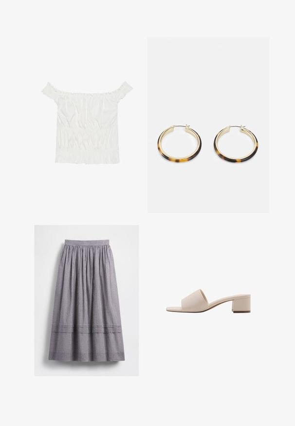 Weißes Off-Shoulder-Top mit Rüschendetails, gepufftem Textil und einem elastischen Bund. Hergestellt aus weichem Baumwollstoff.; Schwarz-weiß kariertes Midirock mit elastischem Bund, geraffter Textur und sichtbaren Nahtdetails entlang des Saums.; Beige Blockabsatzsandale mit breitem Riemen und offenem Zeh. Glattes Material und elegantes Design. Kurzer, stabiler Absatz für mehr Stabilität.; Goldfarbene Creolen Ohrringe mit einem äußeren Rand aus tortoiseshell-musterendem Harz, die eine glatte Oberfläche und eine schlanke, runde Form aufweisen.