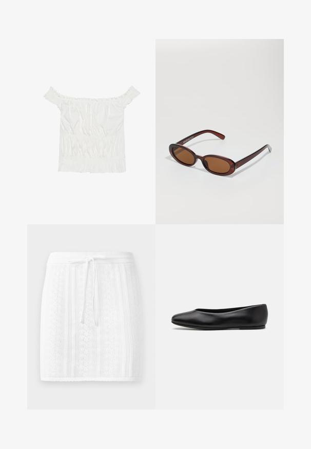 White off-the-shoulder top with ruffled accents, gathered texture, and an elasticized waistband. Made from soft cotton fabric.; Knit white skirt with a textured pattern and vertical stripes; features a drawstring waist and a scalloped hem.; Paul Smith TOPANGA - Ballet pumps - black; Round, brown-tinted sunglasses with a glossy burgundy frame. Slim arms with subtle branding detail. Flat lens design.