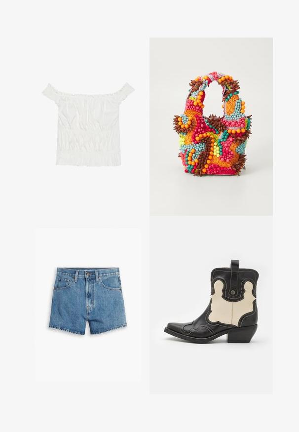 Haut blanc à épaules dénudées avec des accents volantés, une texture froncée et une taille élastique. Fabriqué en doux coton.; Shorts en denim bleu clair, comportant cinq poches, un zip et un bouton de fermeture. L'ourlet est effiloché, avec une coupe décontractée.; Botte de cowboy en cuir noir et crème avec des coutures blanches, bout pointu, motifs courbés et un petit talon empilé. Sangle à l'arrière.; Sac à main en perles aux couleurs vives : rose, orange, bleu et marron. Surface texturée avec des perles circulaires et des formes organiques, poignées robustes.
