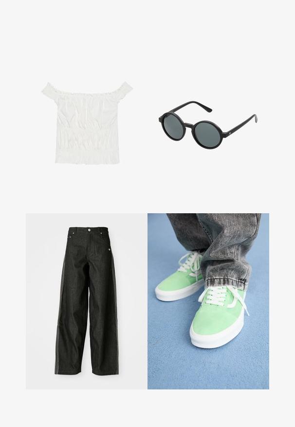 Balta blūze bez piedurknēm ar viļņainiem akcentiem, grumbainu tekstūru un elastīgu jostasvietu. Izgatavota no maigas kokvilnas auduma.; Melnas džinsa bikses ar platām kājām un baltām sānu svītrām, ar priekšējiem kabatām, pogājamu priekšpusi un diskretu logotipu netālu no jostasvietas.; Persona, kura valkā gaiši zaļus un baltus sporta apavus ar baltām šņorēm un izbalējušas melnas bikses, stāv uz zilas teksturētas grīdas.; Apaļas saulesbrilles ar melnu plastmasas rāmīti un tumši pelēkiem stikliem. Iezīmē plānas, taisnas kājas ar minimālistiskiem akcentiem.; Melnas ādas pleca soma ar izliekta formu, pulētiem sudraba elementiem un noņemamu birku. Gluda tekstūra ar niansētām šuvju detaļām.; Sudraba ķēdes aproce ar izstieptiem posmiem augšpusē. Zemāk ir krāsaina pērlīšu aproce ar melnām, zilām, zaļām, dzeltenām, sarkanām un caurspīdīgām pērlītēm.